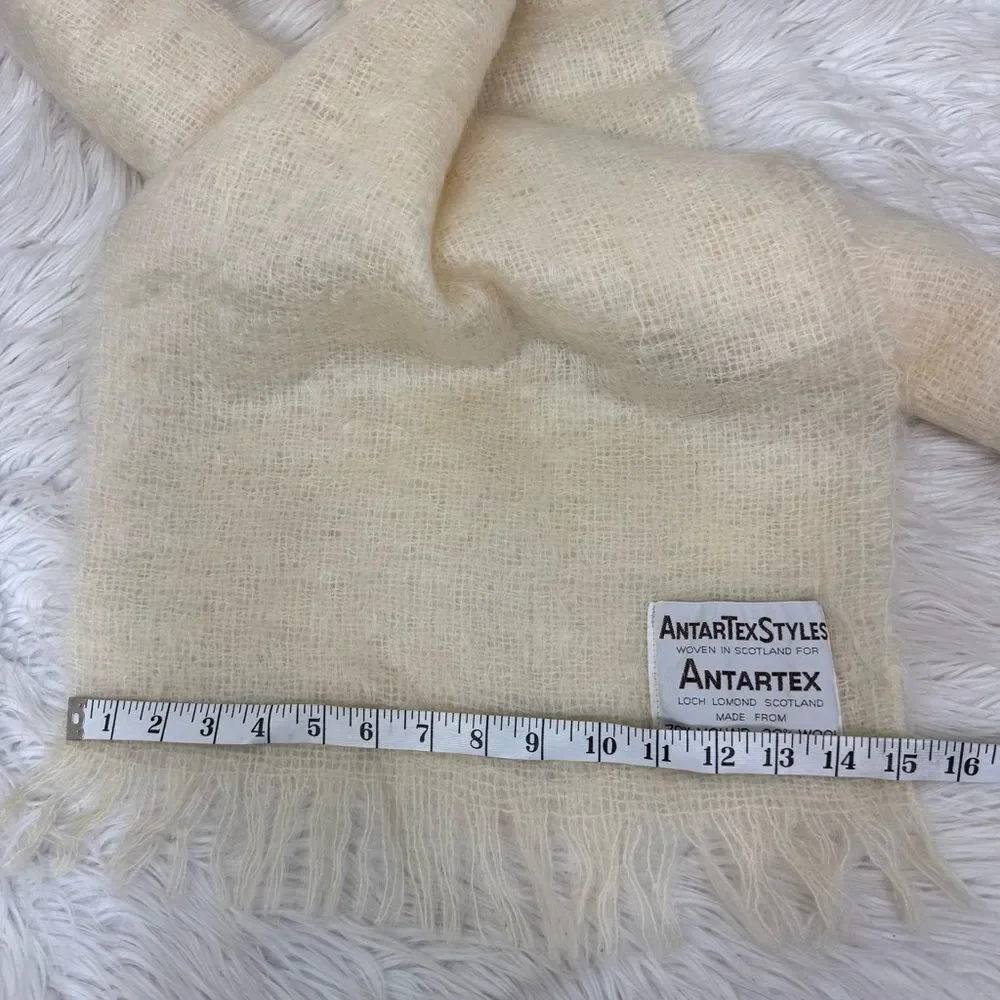 Antartex Vintage Cream Fringe Hem Mohair Wool Blend Rectangular Textured Scarf